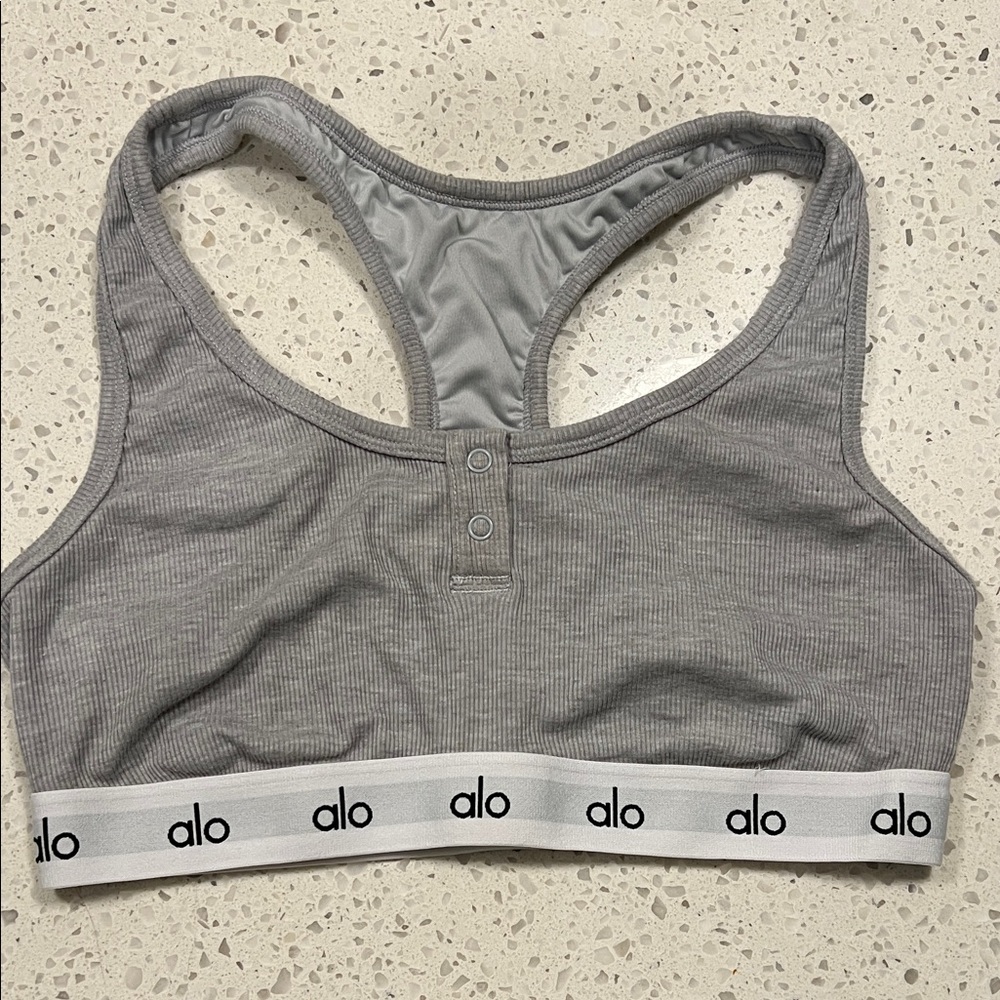 ALO Yoga Grey Ribbed Racerback Sports Bra with Logo Band